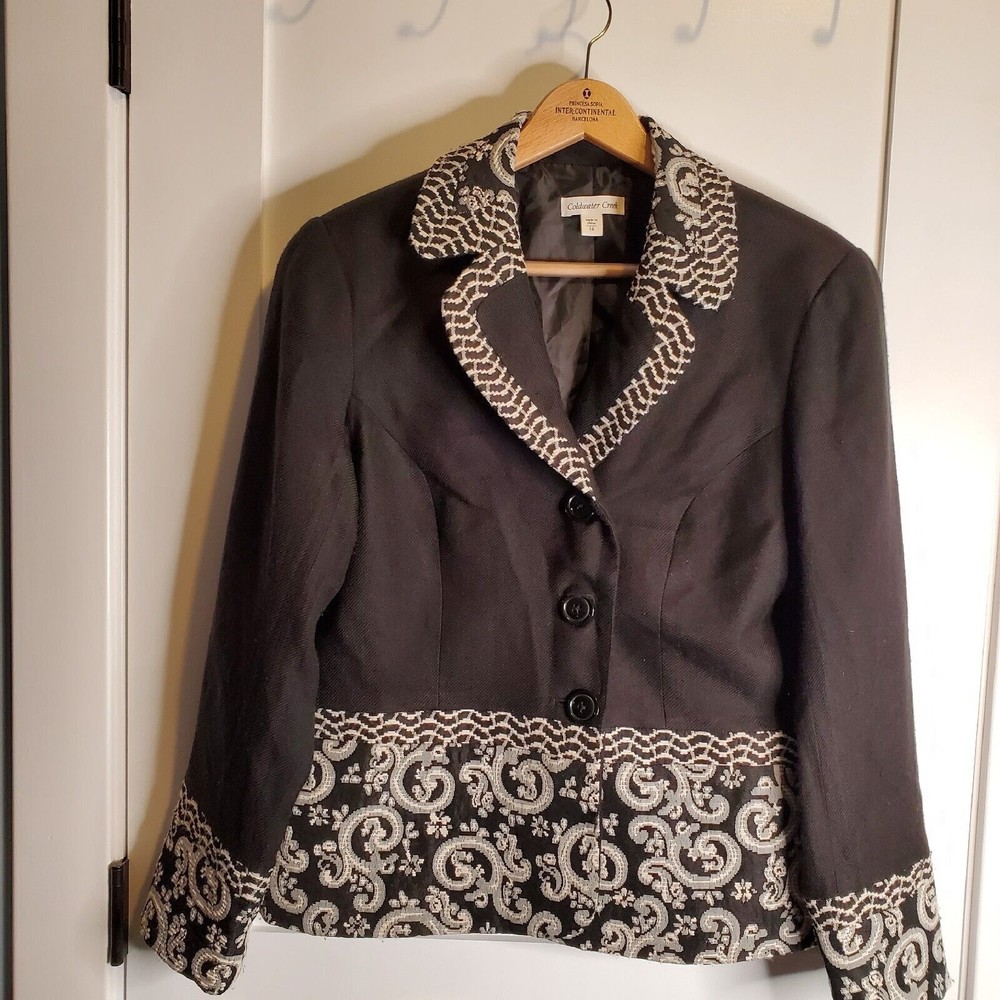 Coldwater Creek blazer size 16 black White Embroidery women's 3 Button jacket
